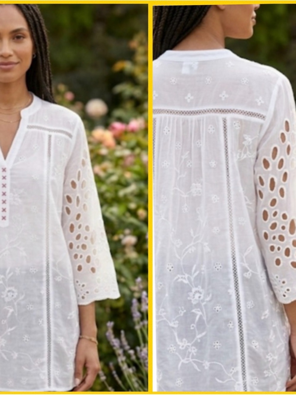 Johnny Was white embroidered eyelet tunic with Red Cross stitch Blouse size Lg